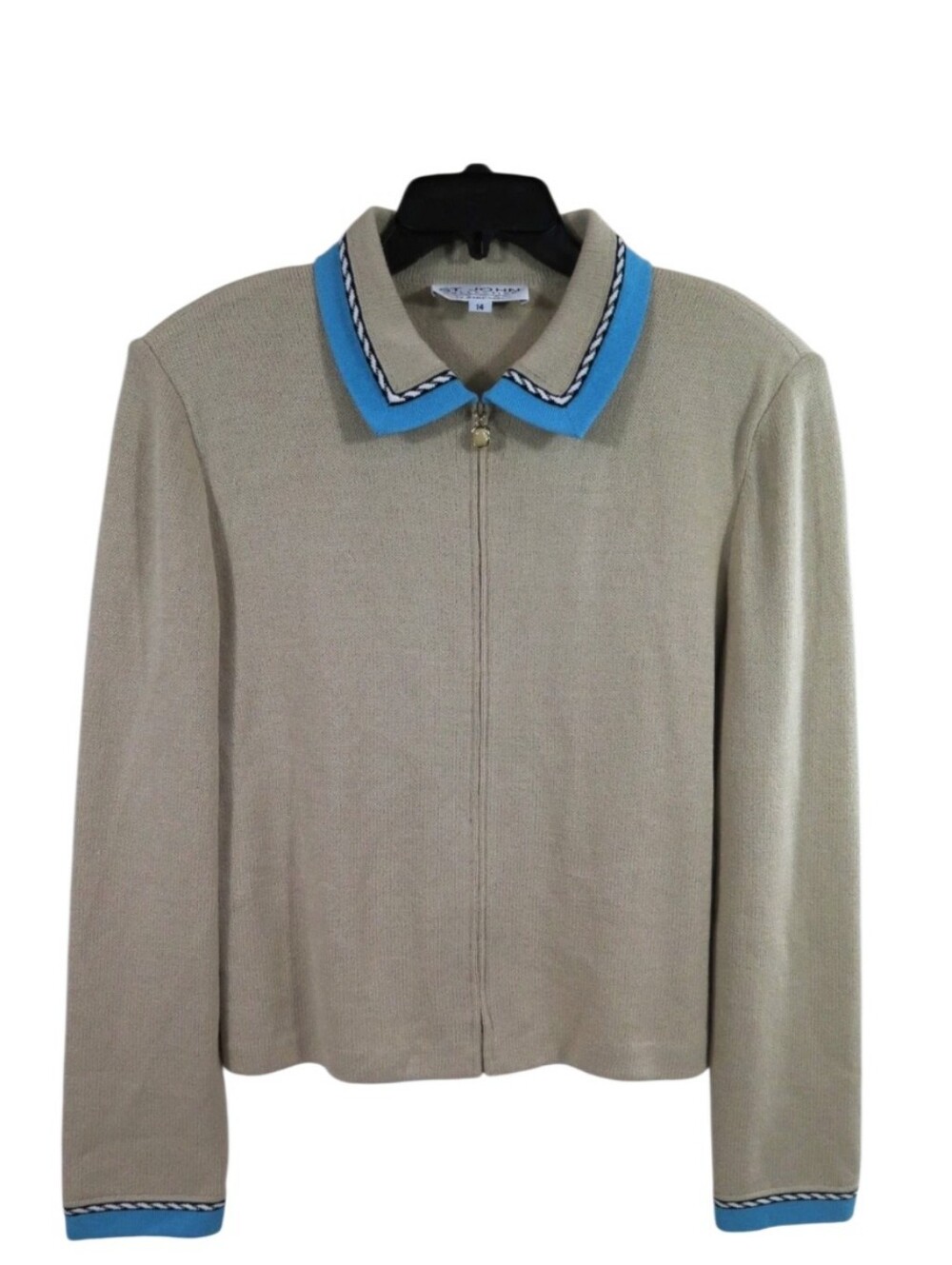NWT St.John Collection By Marie Gray Wool Knit Zip Jacket  Blue Trim Collar